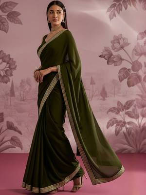 Olive embellished zari satin designer saree 5