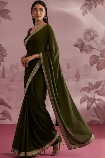 Olive embellished zari satin designer saree