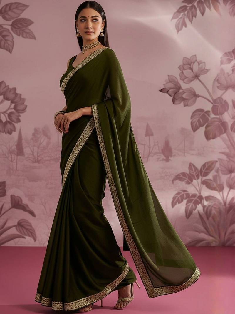 Olive embellished zari satin designer saree
