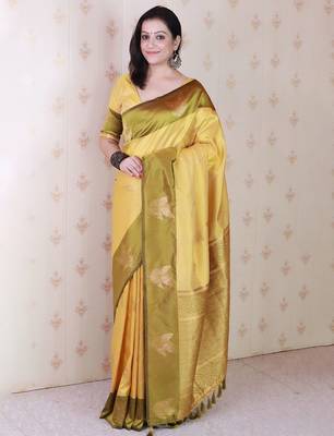 Yellow woven design zari silk blend banarasi saree 1