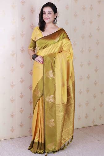 Yellow woven design zari silk blend banarasi saree
