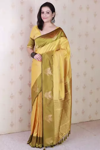 Yellow woven design zari silk blend banarasi saree