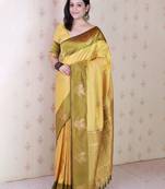 Yellow woven design zari silk blend banarasi saree