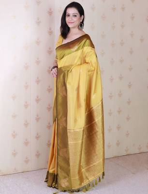 Yellow woven design zari silk blend banarasi saree 2