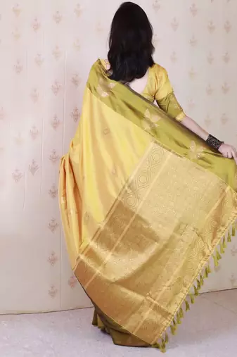 Yellow woven design zari silk blend banarasi saree
