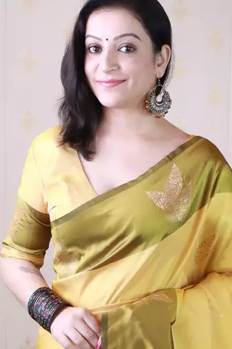 Yellow woven design zari silk blend banarasi saree