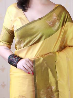 Yellow woven design zari silk blend banarasi saree 5