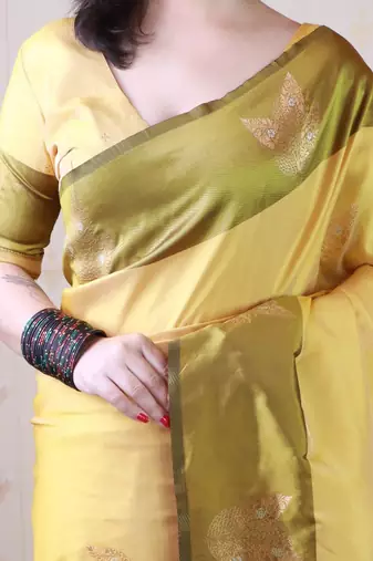 Yellow woven design zari silk blend banarasi saree