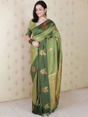 Green woven design zari silk blend banarasi saree 2