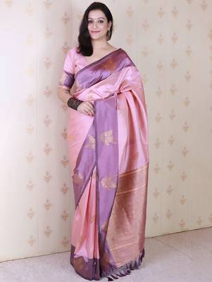 Pink woven design zari silk blend banarasi saree 1