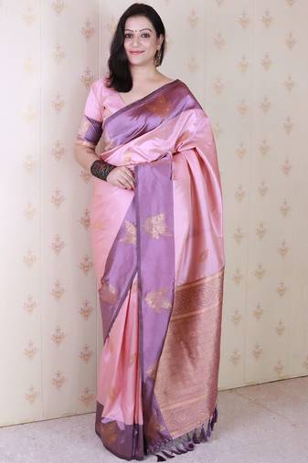Pink woven design zari silk blend banarasi saree