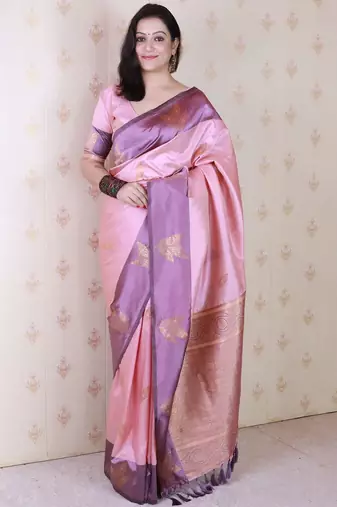 Pink woven design zari silk blend banarasi saree