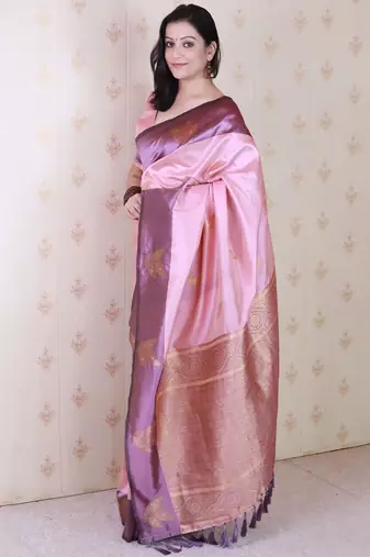 Pink woven design zari silk blend banarasi saree
