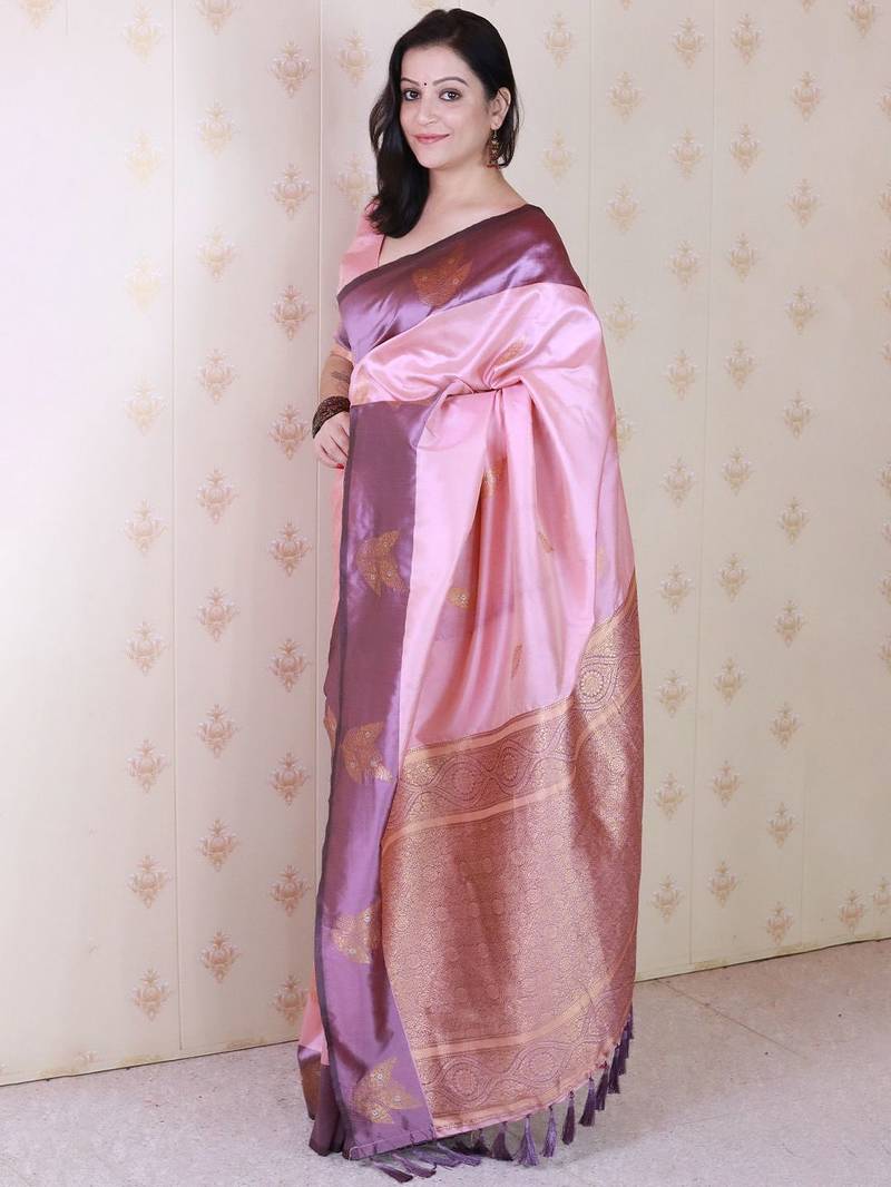 Pink woven design zari silk blend banarasi saree