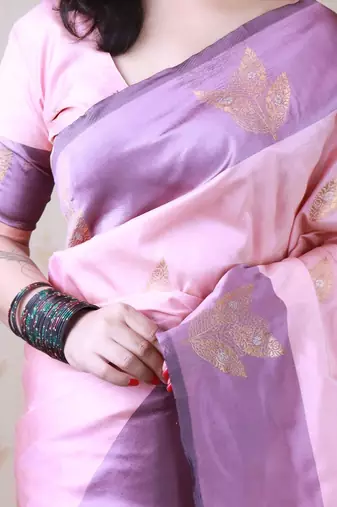 Pink woven design zari silk blend banarasi saree