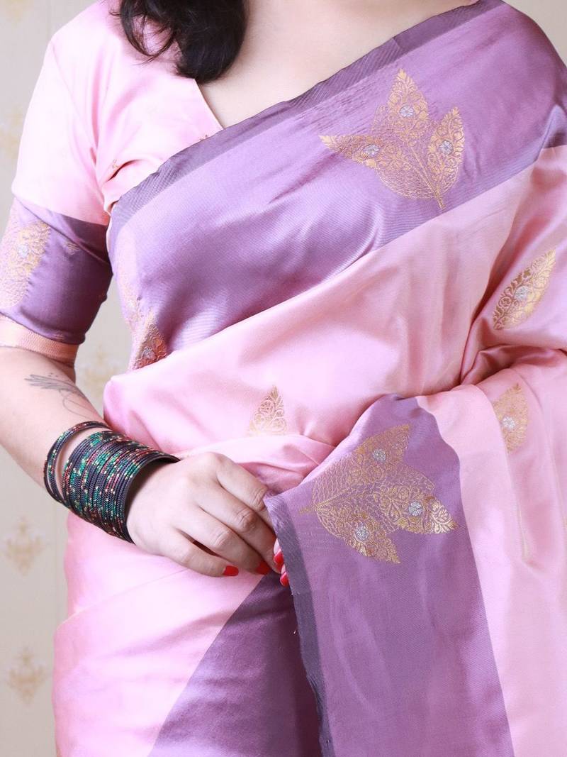 Pink woven design zari silk blend banarasi saree