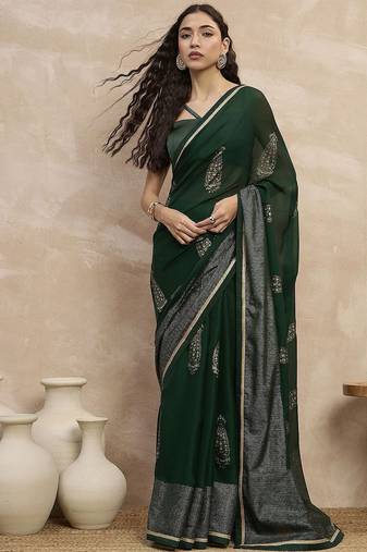 Green floral satin designer saree