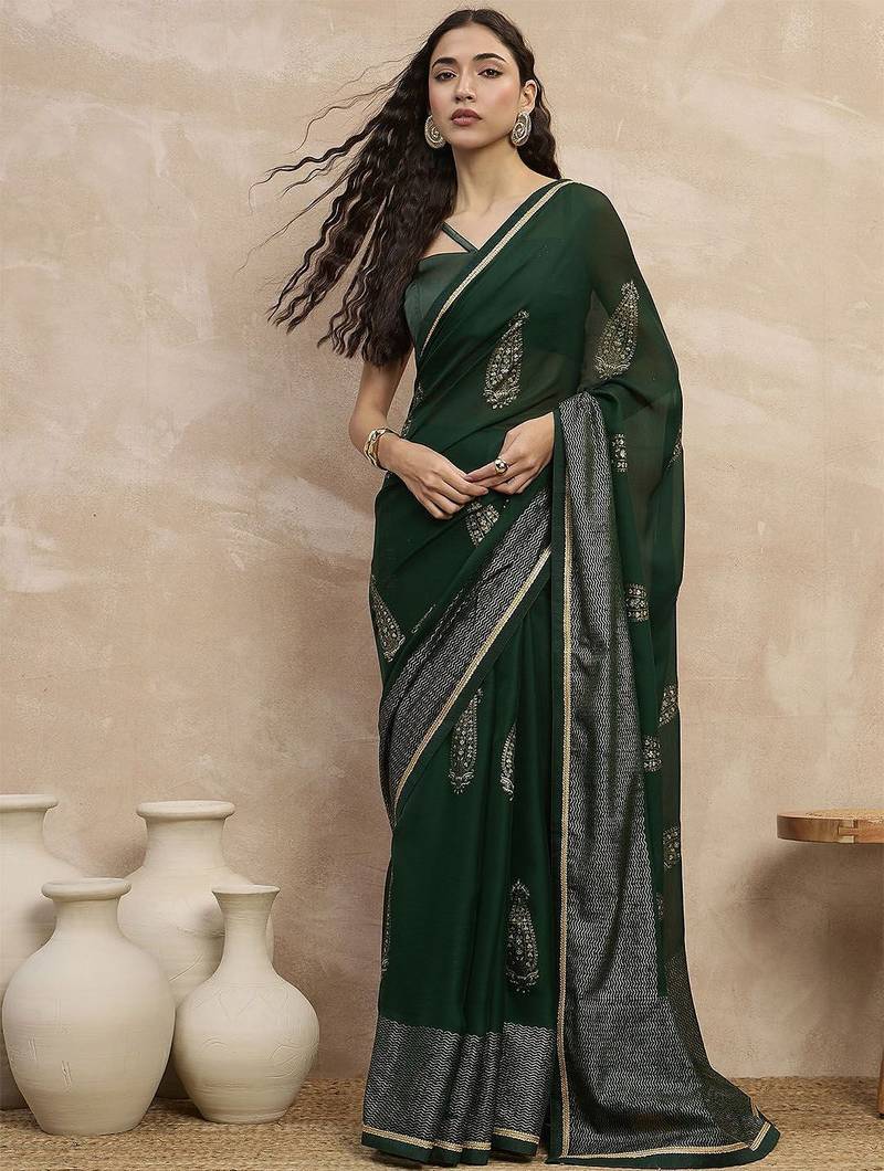Green floral satin designer saree