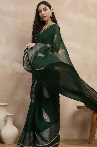 Green floral satin designer saree