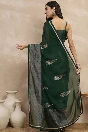Green floral satin designer saree