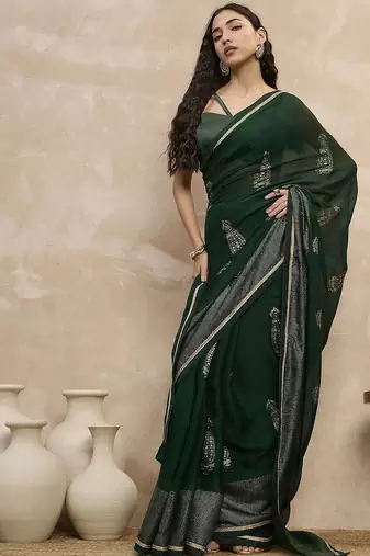 Green floral satin designer saree