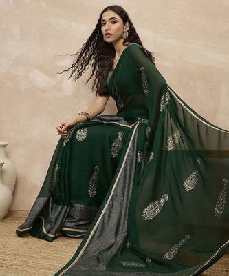 Green floral satin designer saree 5
