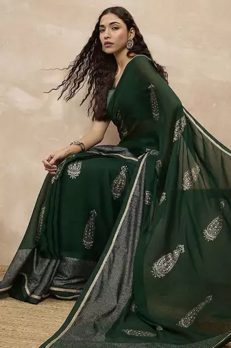 Green floral satin designer saree