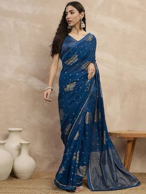 Teal floral satin designer saree 1