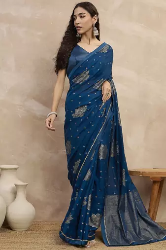 Teal floral satin designer saree
