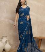 Teal floral satin designer saree