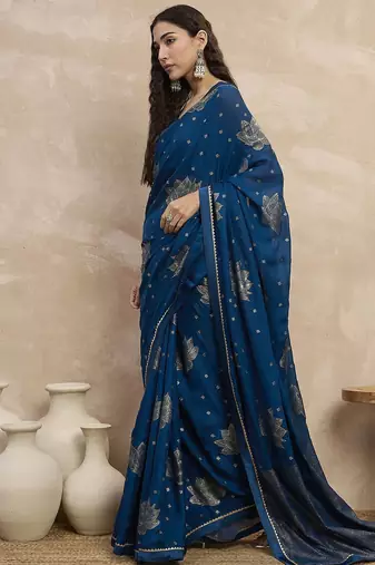 Teal floral satin designer saree