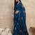 Teal floral satin designer saree