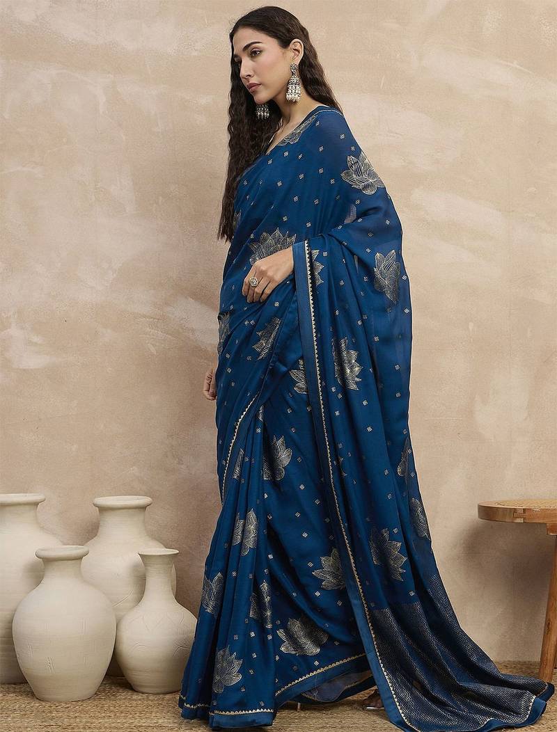 Teal floral satin designer saree