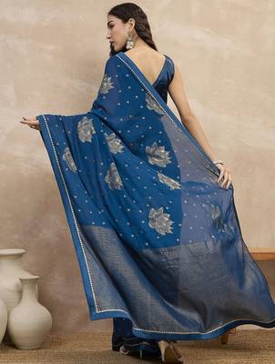 Teal floral satin designer saree 3