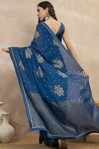 Teal floral satin designer saree