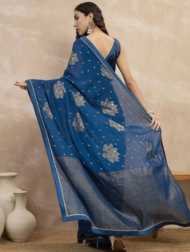 Teal floral satin designer saree