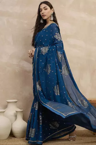 Teal floral satin designer saree