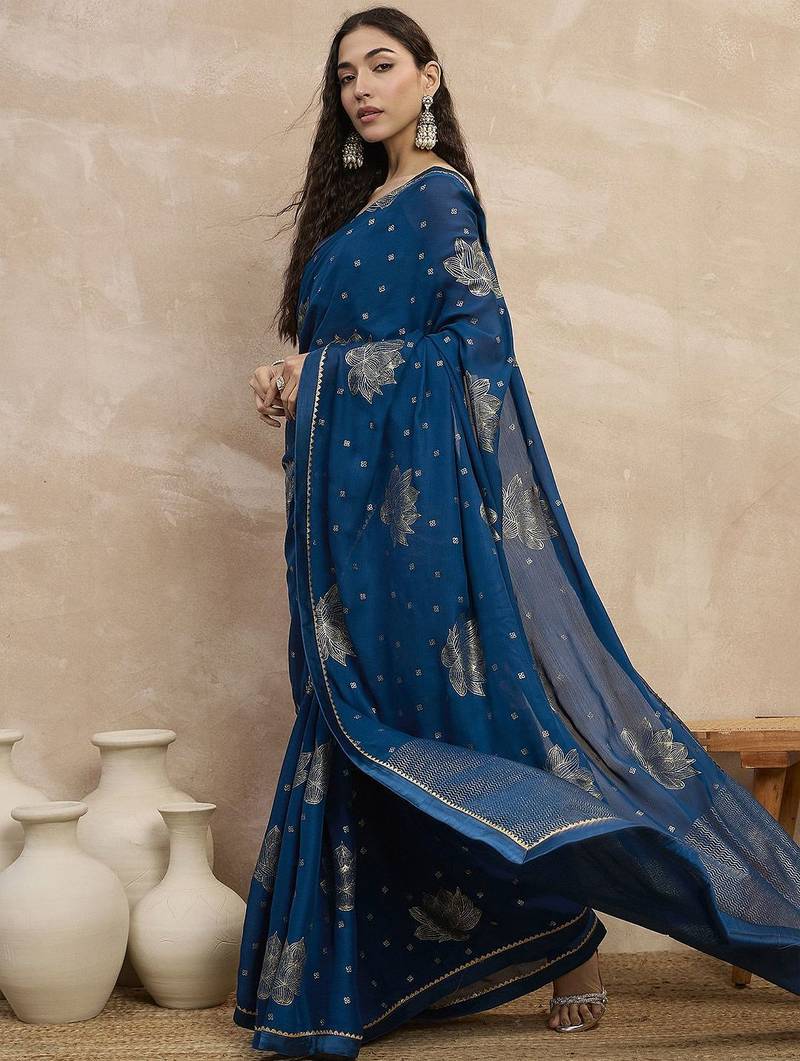 Teal floral satin designer saree