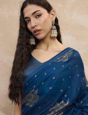 Teal floral satin designer saree 5