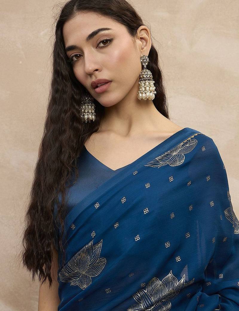 Teal floral satin designer saree