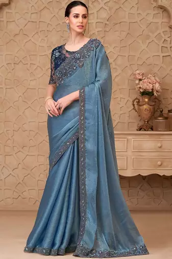 Blue embellished sequinned  georgette heavy work saree