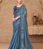 Blue embellished sequinned  georgette heavy work saree