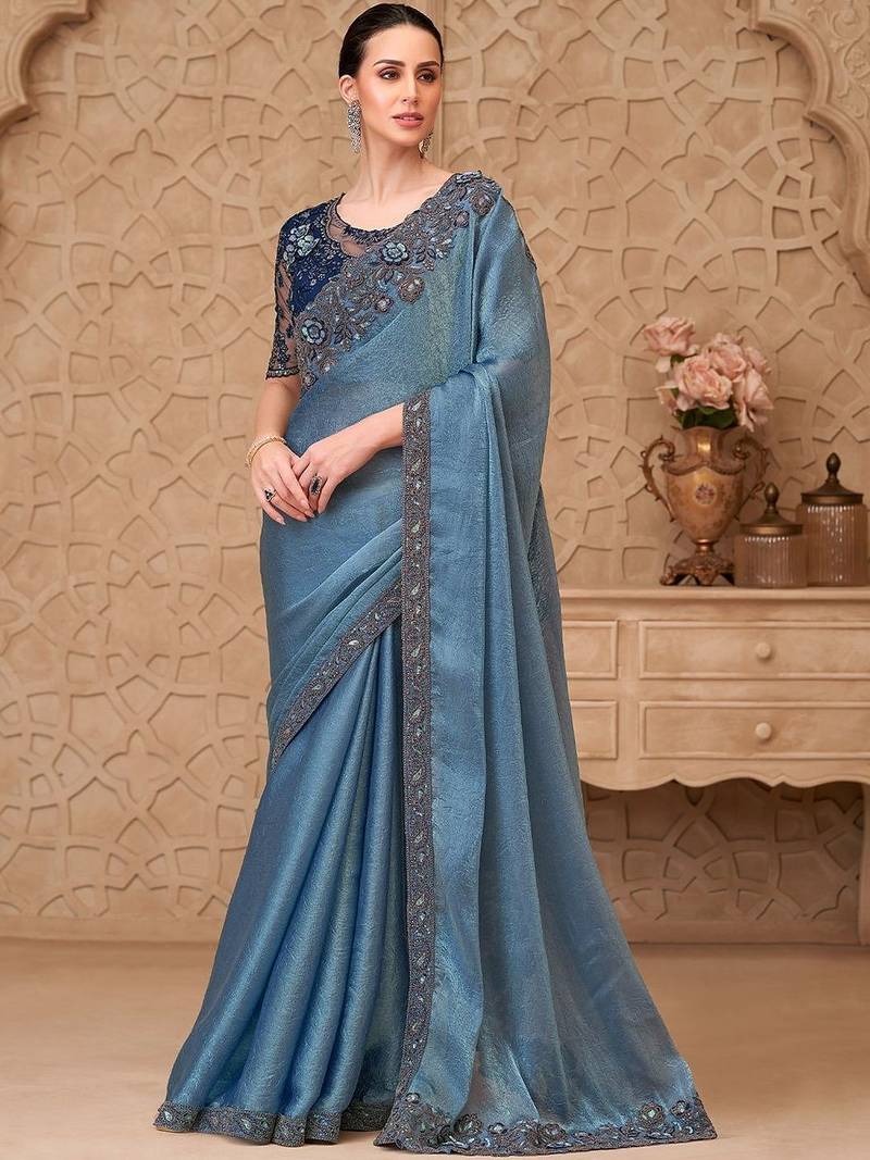 Blue embellished sequinned  georgette heavy work saree