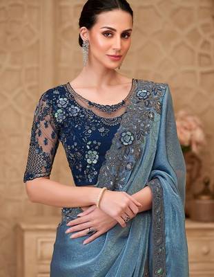 Blue embellished sequinned  georgette heavy work saree 2