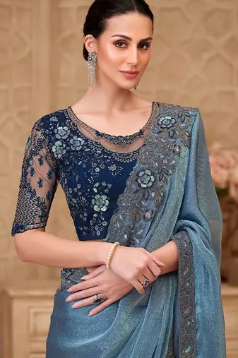 Blue embellished sequinned  georgette heavy work saree