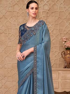 Blue embellished sequinned  georgette heavy work saree 3