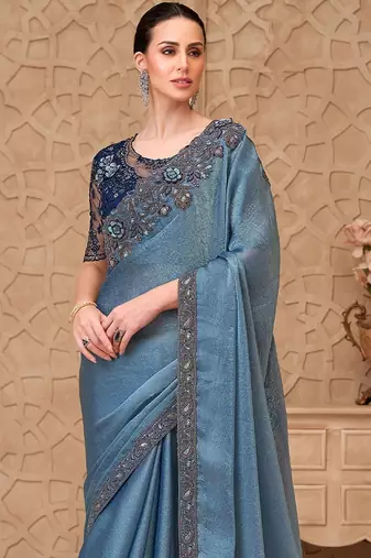 Blue embellished sequinned  georgette heavy work saree