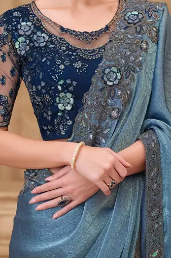 Blue embellished sequinned  georgette heavy work saree