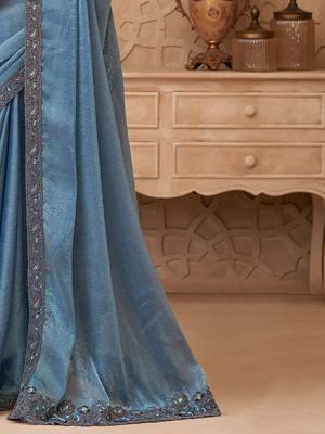 Blue embellished sequinned  georgette heavy work saree 5