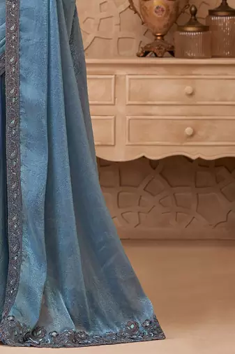 Blue embellished sequinned  georgette heavy work saree